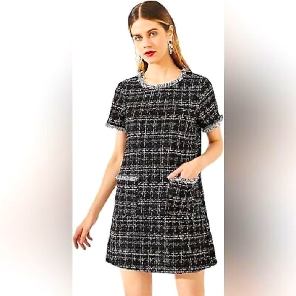 Women's Black and White Tweed Short Sleeve Tunic Dress Size Small